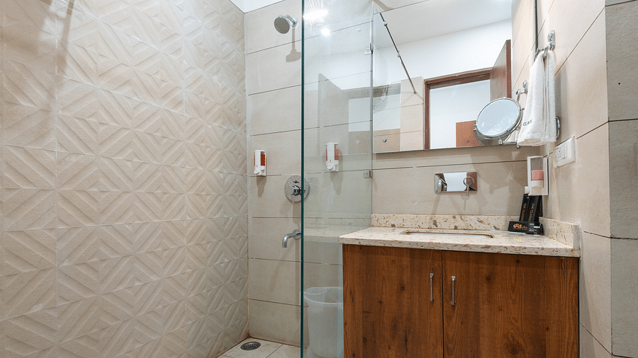 Deluxe bathroom featuring a mirror above a washbasin with a wooden cabinet below and a spacious shower area at DLS The Classio